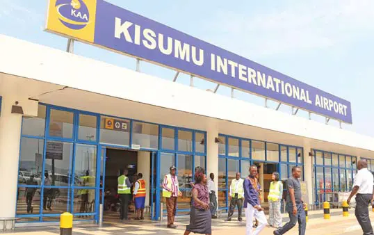 The modern terminal of Kisumu International Airport with domestic flights on the runway.