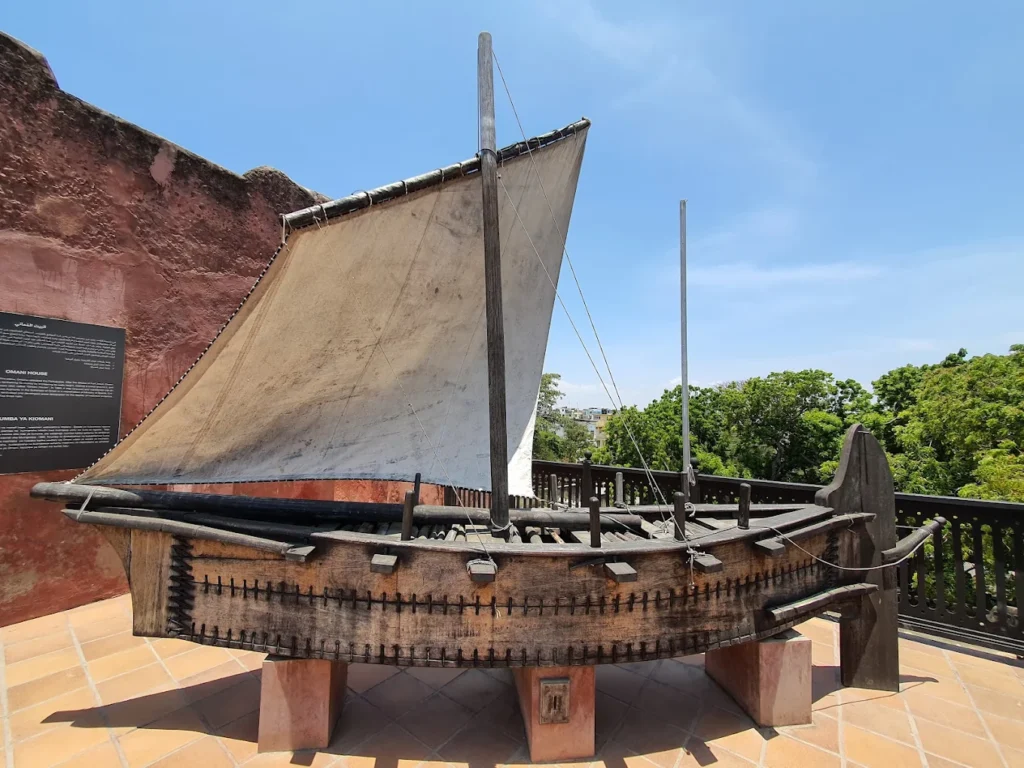 Antique Portuguese cannons lined up on the battlements of Fort Jesus overlooking the Indian Ocean.