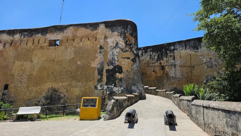 The stone exterior of Fort Jesus Museum in Mombasa, a UNESCO World Heritage site and Portuguese military landmark.