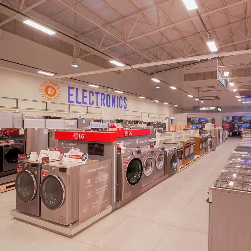 Wide range of home appliances and gadgets in the Naivas Mwembe Tayari electronics section.